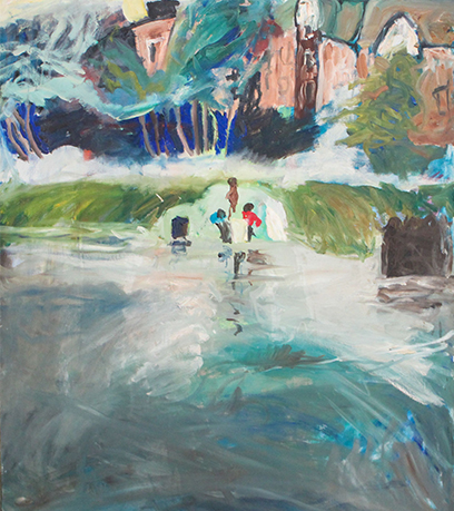 三個孩子在水中玩耍的繪畫。